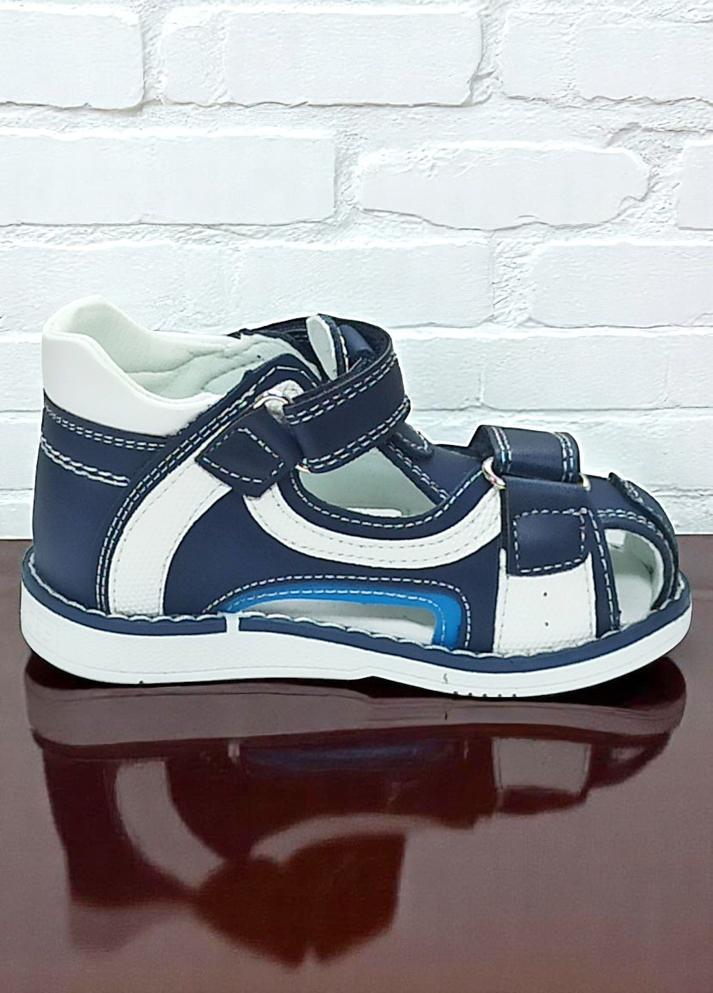 Синие повседневные кожаные ортопедические босоножки для мальчика закрытые сандалии на липучках Сказка на липучке