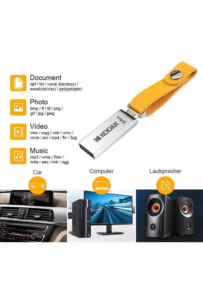 Металевий флеш-накопичувач K122 64GB, USB 2.0 з брелком Kodak (351855077)