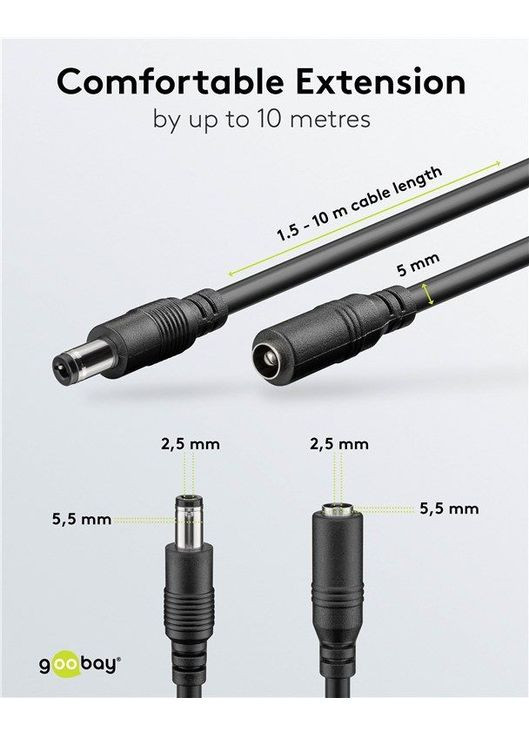 Кабель питания удлинитель Jack DC M/F (папа/мама) 1.5m 5.5x2.5mm AWG20 D=5.0mm Cu Goobay (369646020)