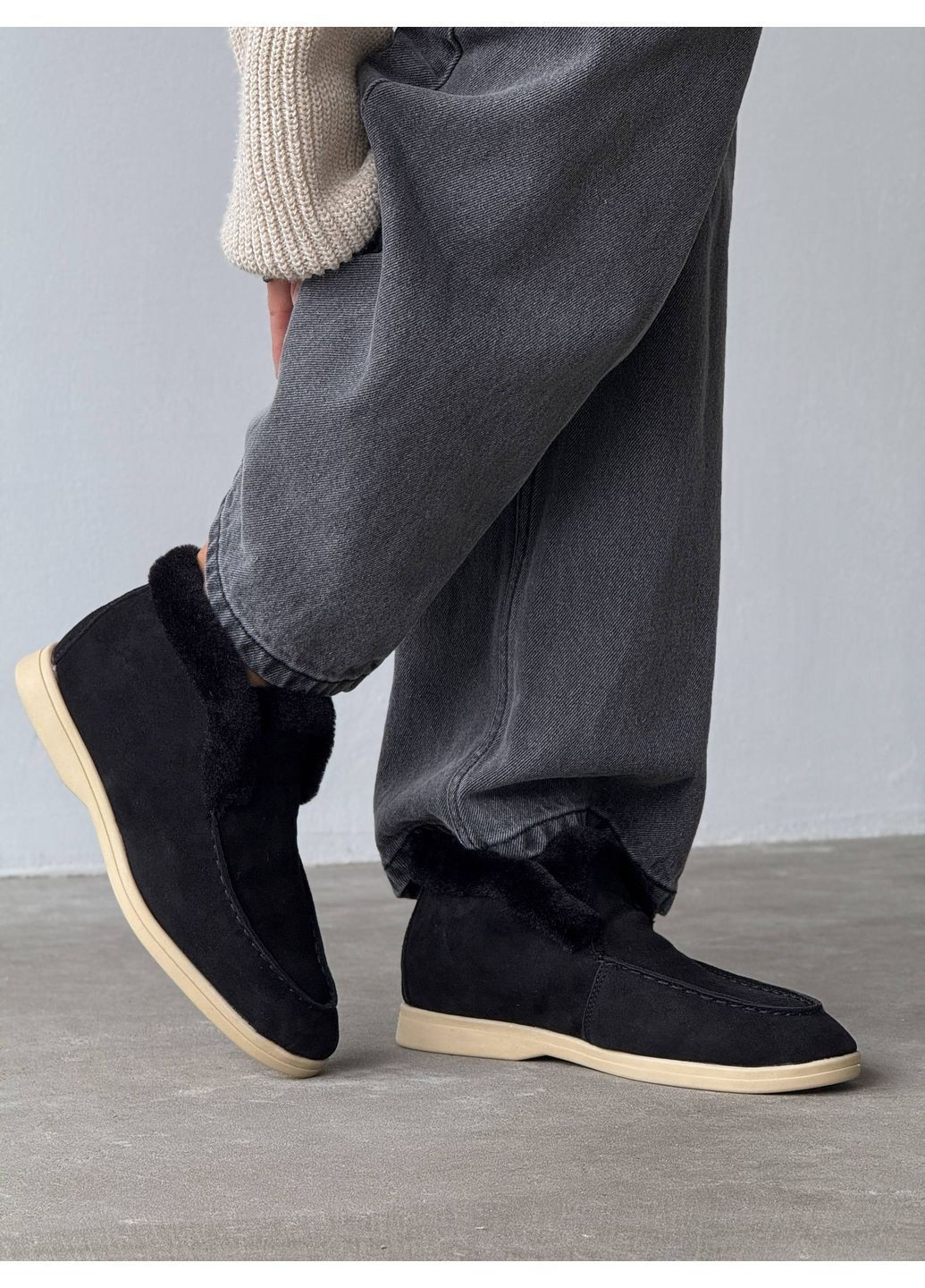 женские зимние лоферы из натуральной замши с мехом, черные, на низком ходу No Brand