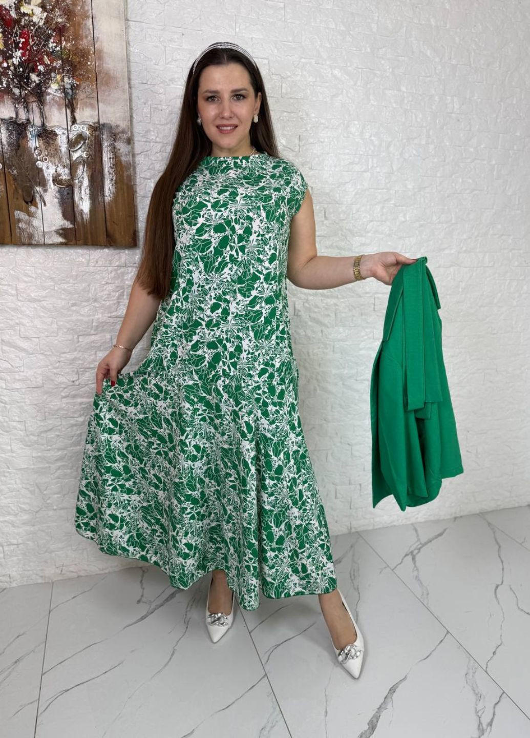 Женский комплект с платьем из софта и льняным жакетом с поясом Україна (325701914)