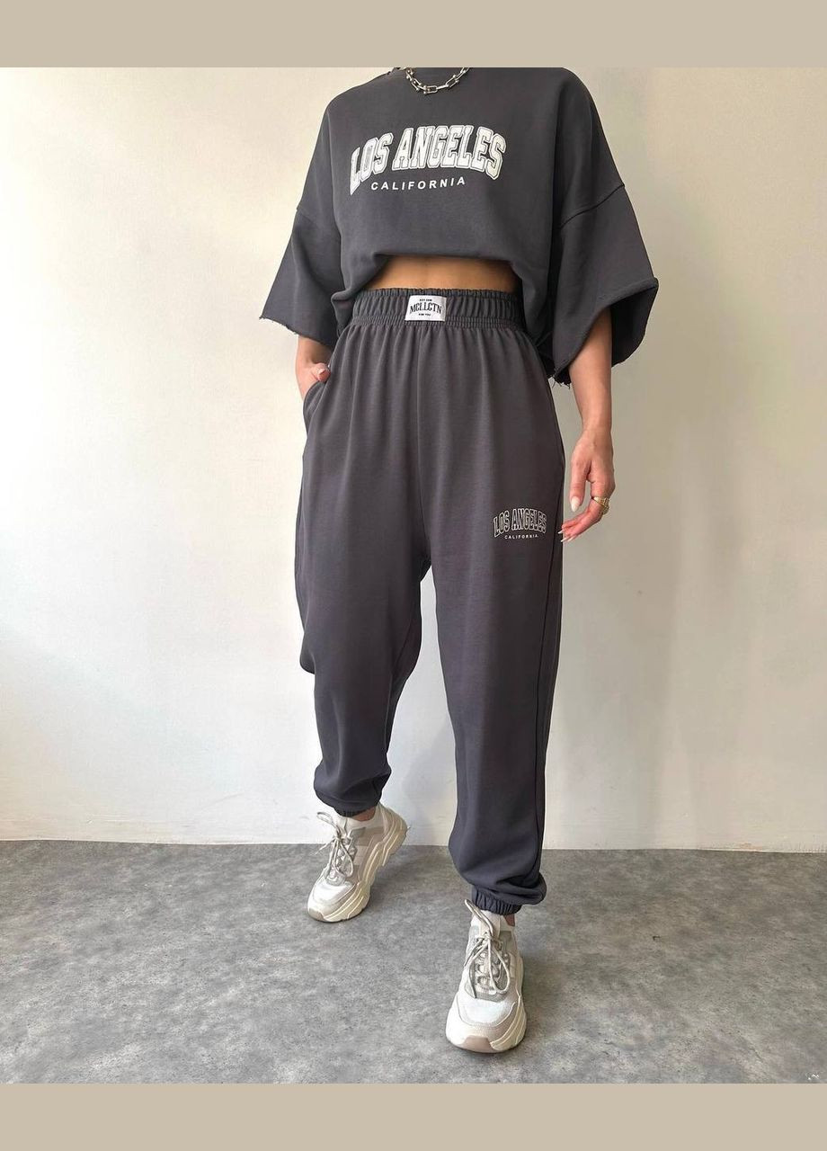 Графитовый повседневный костюм двойка "Los Angeles" из турецкой двухнитки в одном размере 42-46, стильный оверсайз костюм No Brand 1415-1 (301407592)