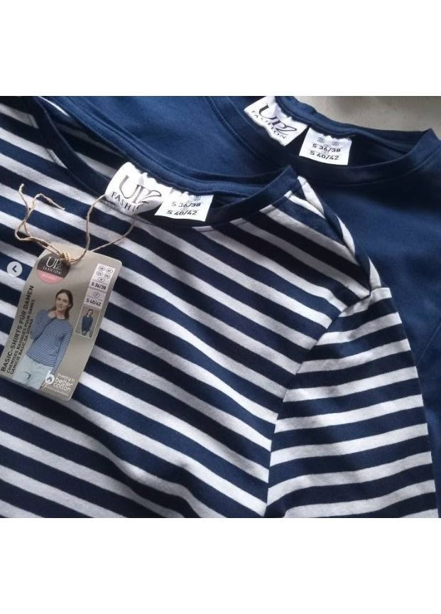 Синій жіночі лонгсліви базові бавовняні з довгим рукавом комплект 2 шт. (синій та в смужку) up2fashion смужка (372970612)