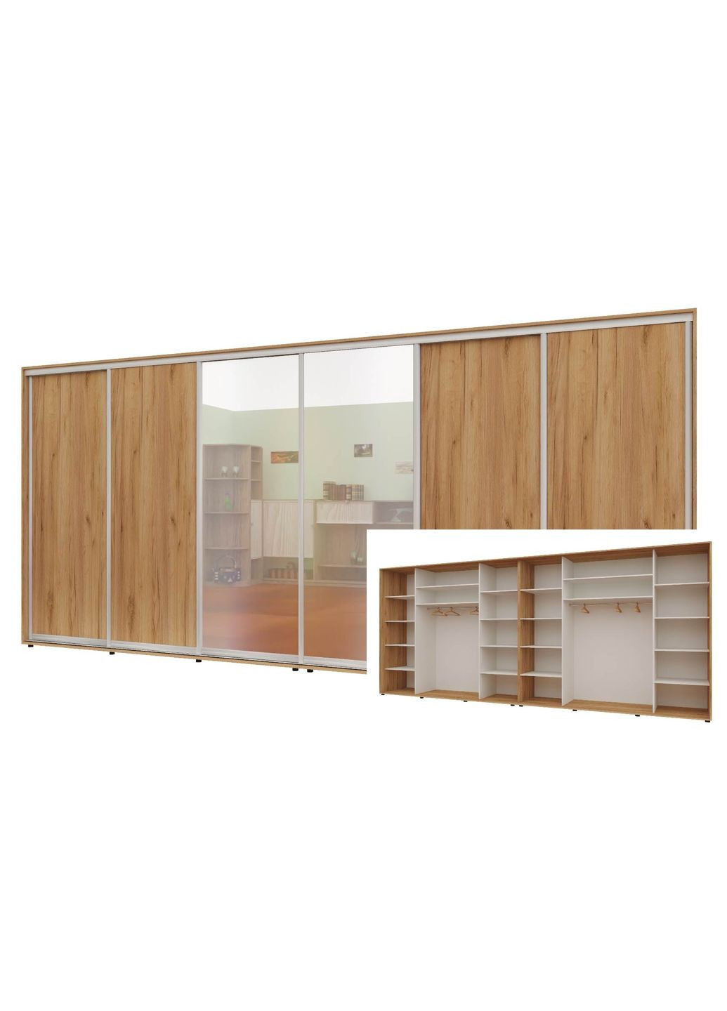 Шкаф-купе шестидверный Комфорт Мебель 460*60*240 см Дуб золотой 4 двери ДСП + 2 двери Зеркало Макси Комфорт Меблі (360478647)