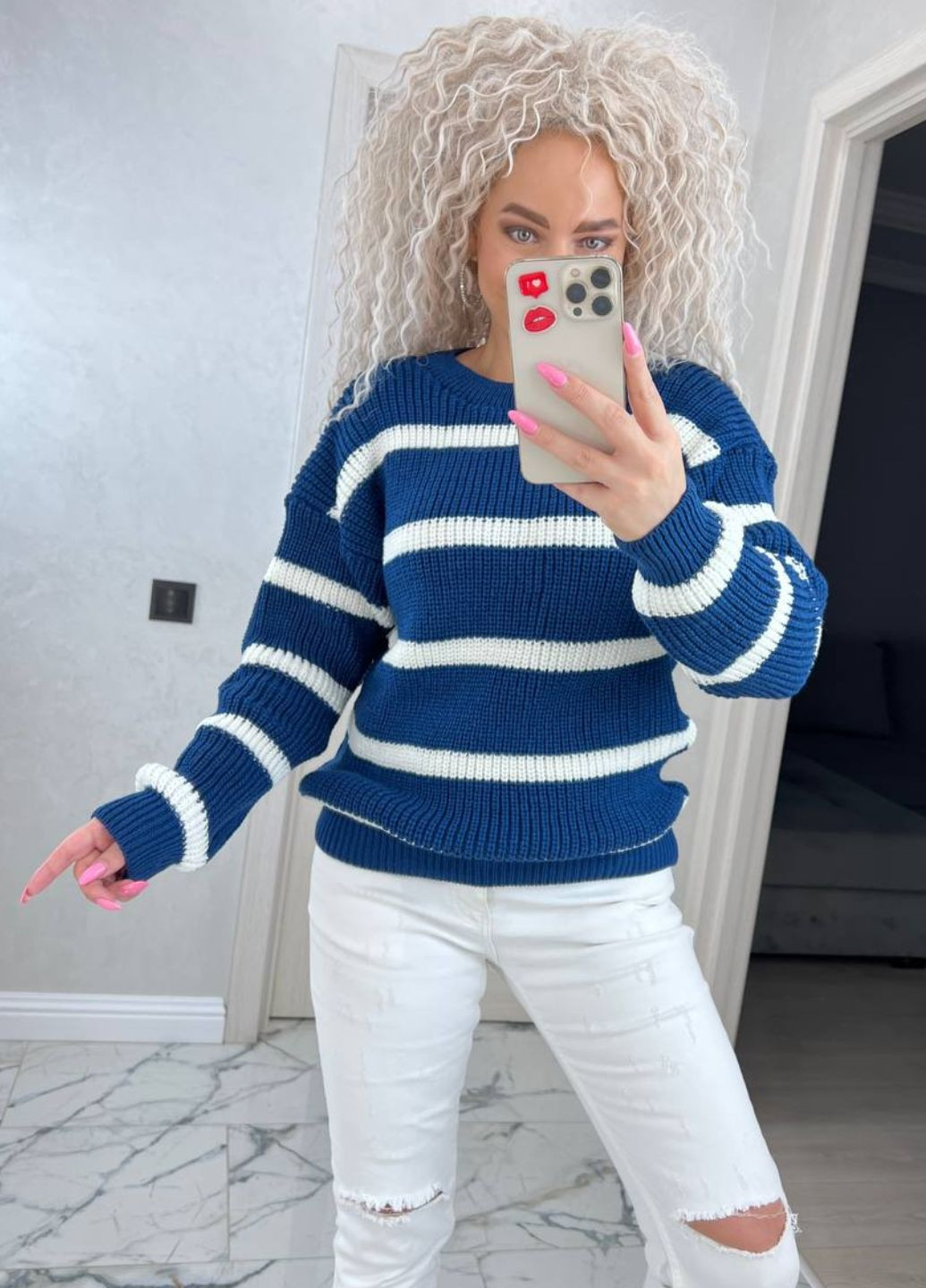 Синій демісезонний жіночий в'язаний светр у смужку джемпер Allthings