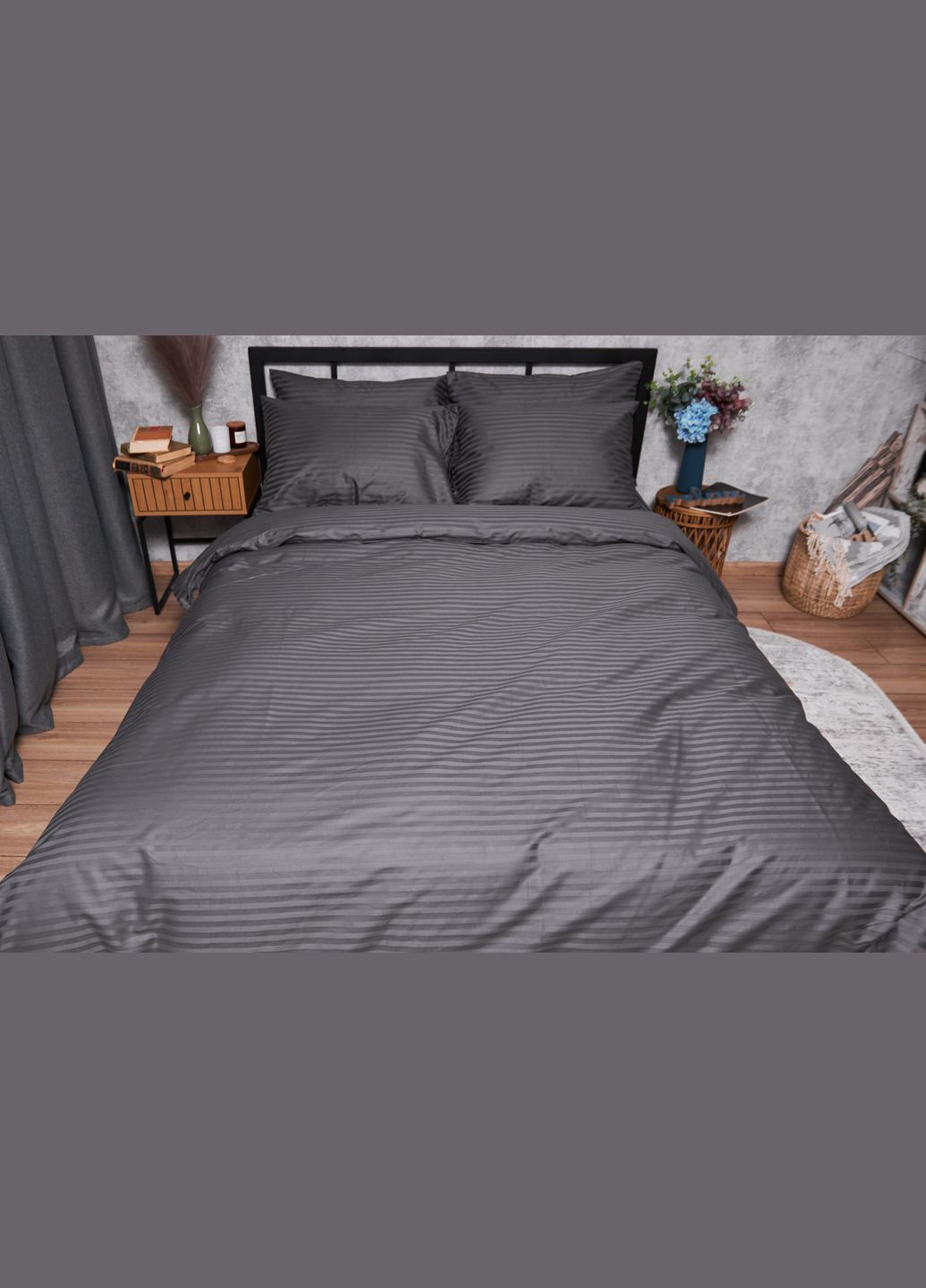 Комплект постільної білизни Satin Stripe полуторний 143х210 наволочки 4х70х70 (MS-820003694) Moon&Star Stripe Black (288043566)