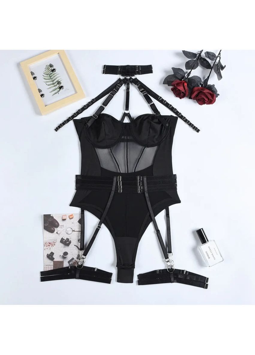 Сексуальный боди. Женский боди на кнопке в паху. Прозрачный боди с чокером, поясом и гартерами. No Brand (360864628)