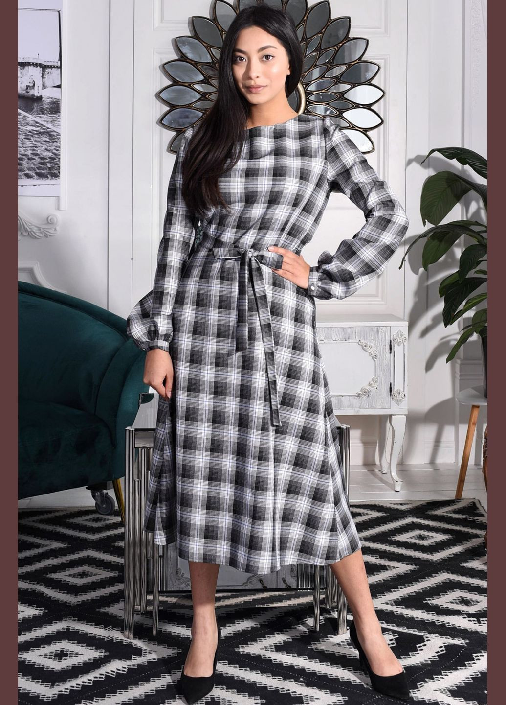 Чорна повсякденний сукня трапеція в чорно-білу клітинку (ll153525790) LadyLike