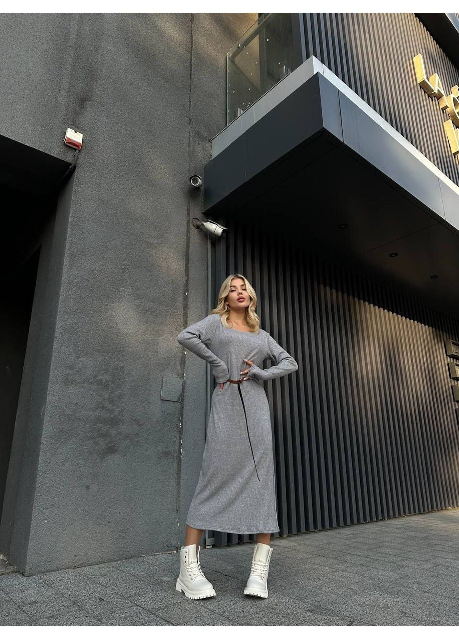 Сіра ангорова сукня міді з поясом Fashion