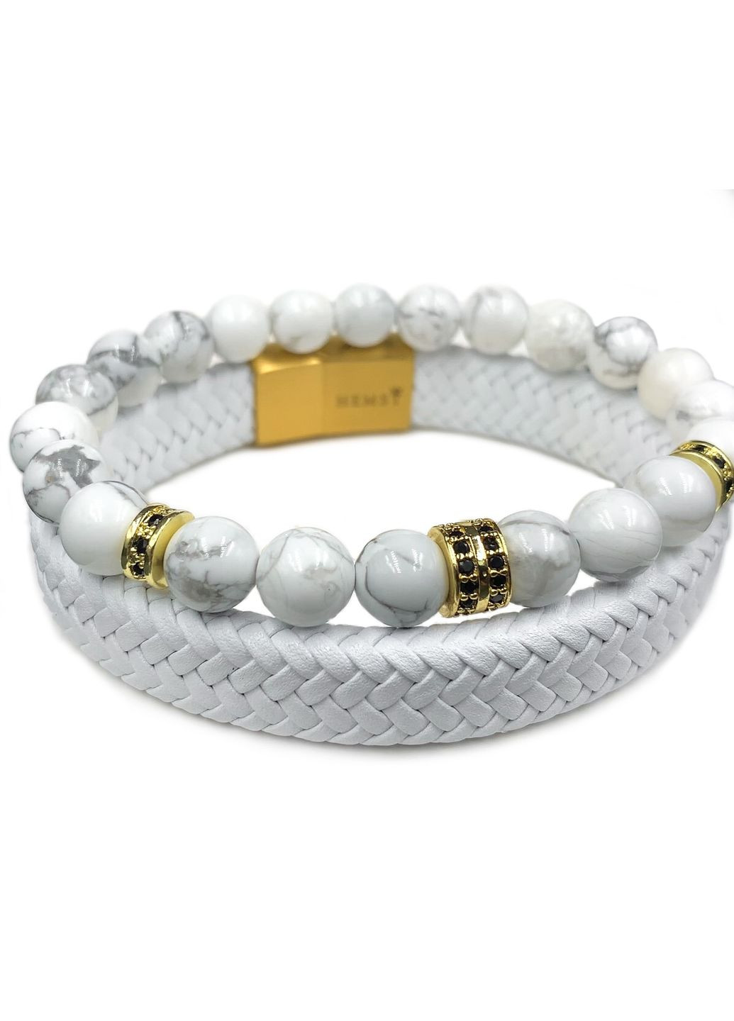 Комплект браслетів зі шкіри із застібкою золотого кольору та кахолонгу з дисками (12130) Hemst (302665688)