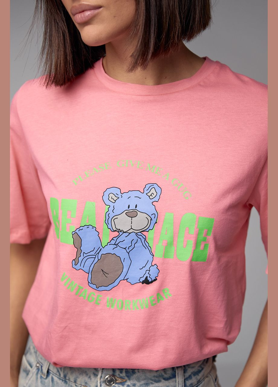 Рожева літня бавовняна футболка з яскравим принтом ведмедя Lurex