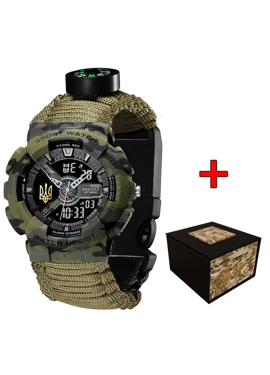 Годинник наручний 005 Тризуб золото Camo Green Паракордовий ремінець Army Green Awarder (341676440)