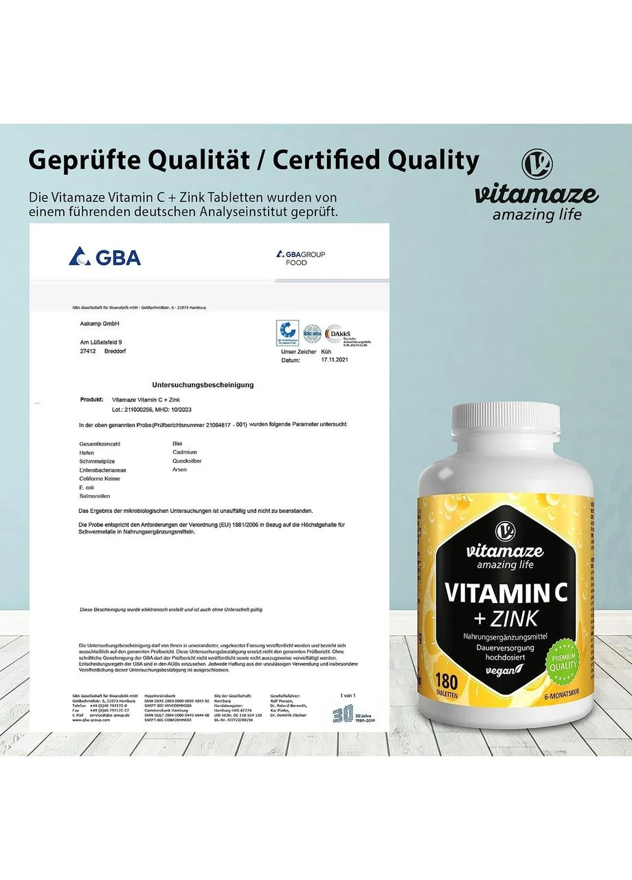 Вітамін С 1000 мг + біофлавоноїди + цинк 180 таблеток Vitamaze (380910832)