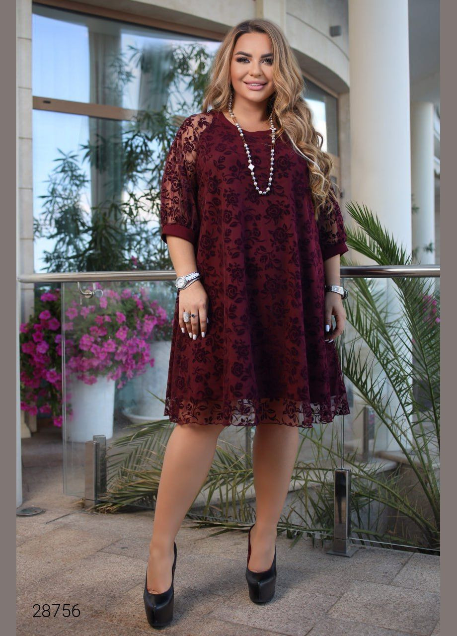 Малиновое вечернее платье а-силуэта с объёмными рукавами а-силуэт Liton с цветочным принтом