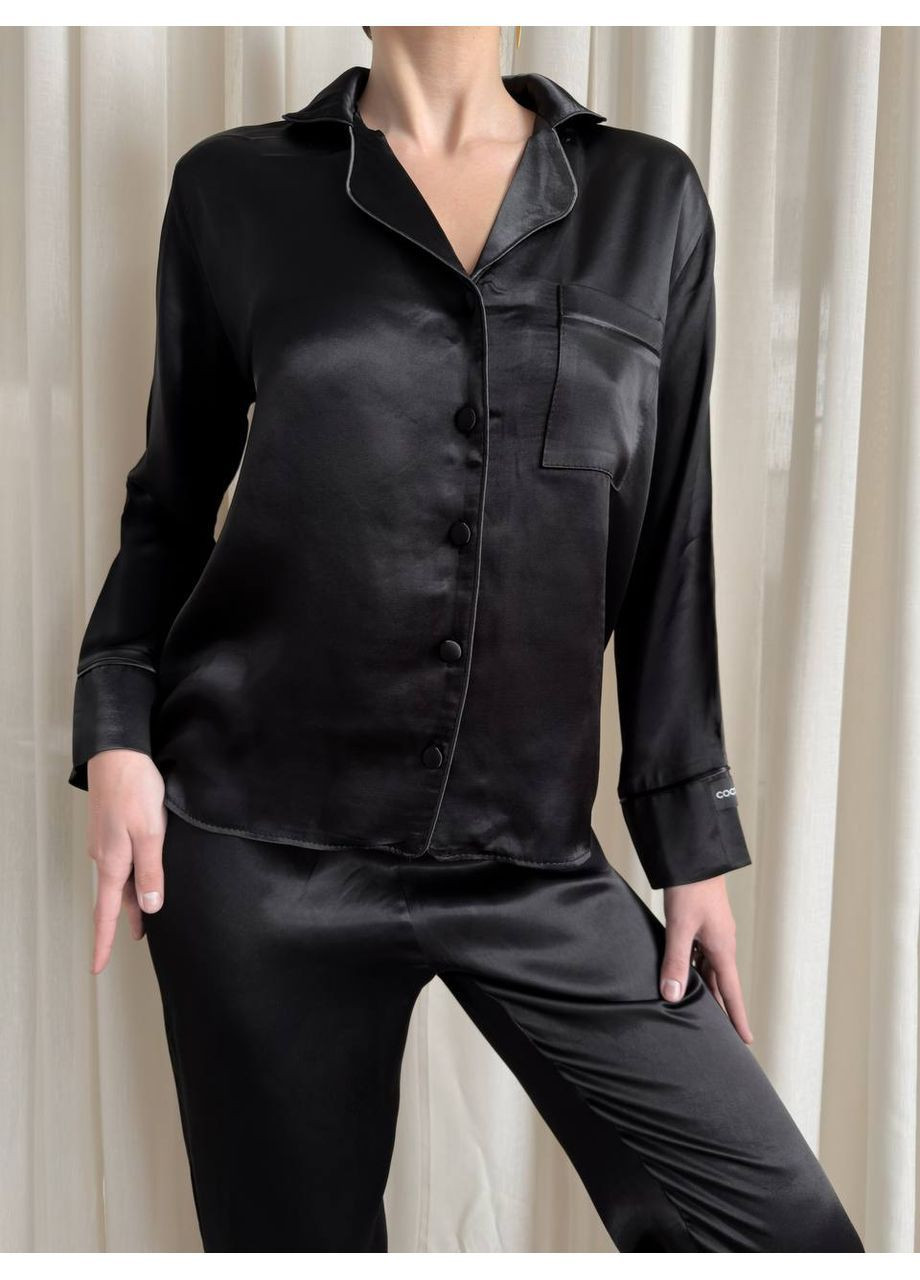 Черная всесезон женская пижама из флок сатина черного цвета No Brand