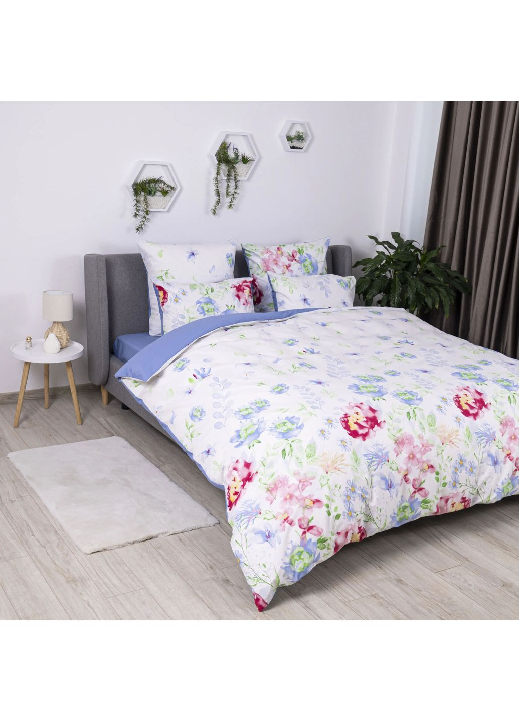 Євро комплект постільної білизни Бязь з наволочками 70*70 см, 115 гр/м2 Акварельна розкіш Білий з блакитним (20100200215) ТЕП (365851873)