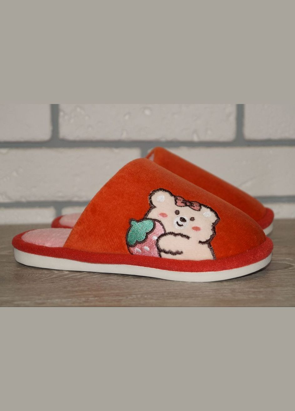 Коралловые тапочки для девочки с милым мишкой No Brand с аппликацией, с белой подошвой