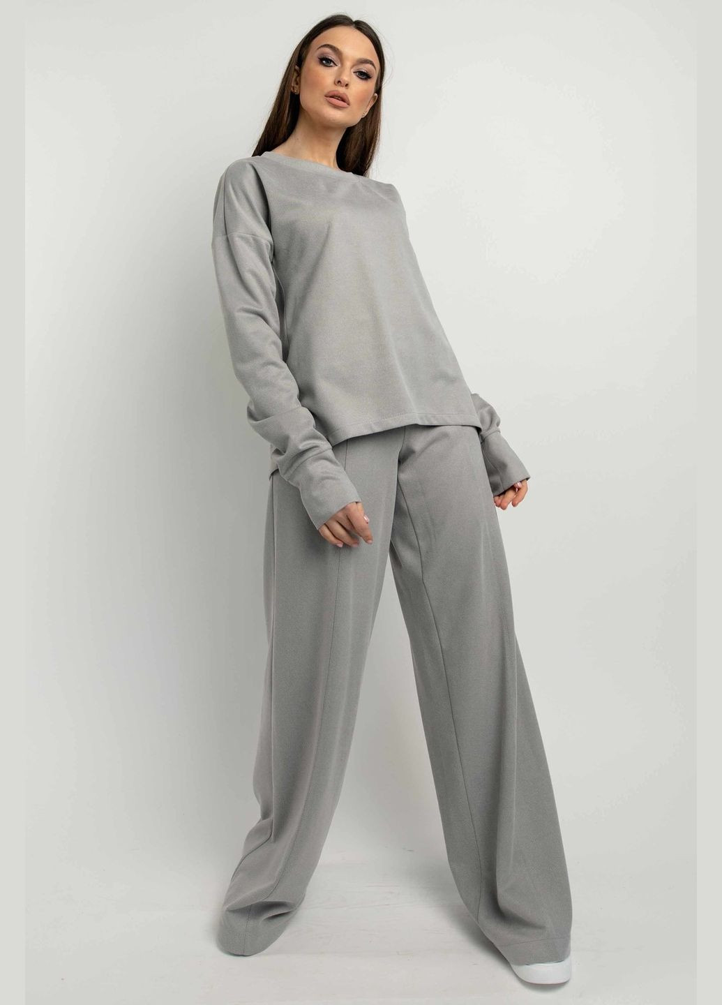 Сірий демісезонний світшот з твілу із замшем-діагоналлю з вільним кроєм і широкими манжетами (св 0121) RiMari