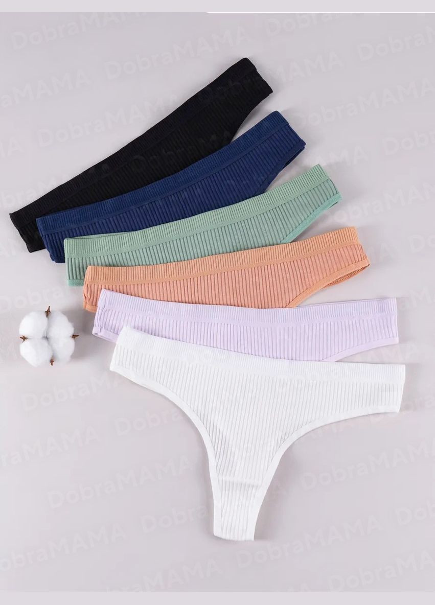 Женские трусы стринги набор 6 шт S размер стринг трусики хлопок трусы в рубчик однотонные Разноцветные 73532 OnePro (321993104)