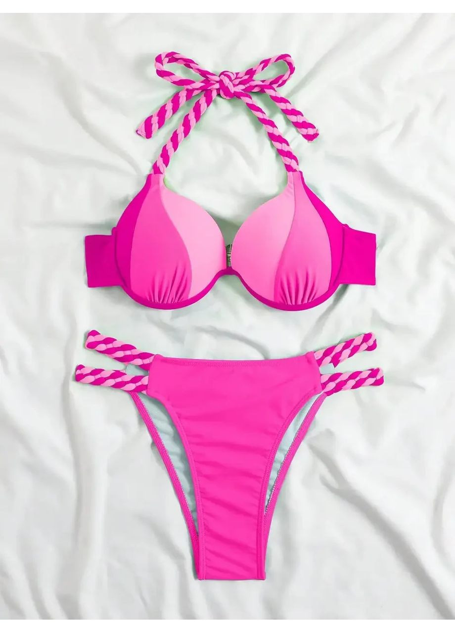 Розовый летний раздельный женский купальник с твердым пушапом на завязке. раздельный купальник качественный из плотной ткани. China