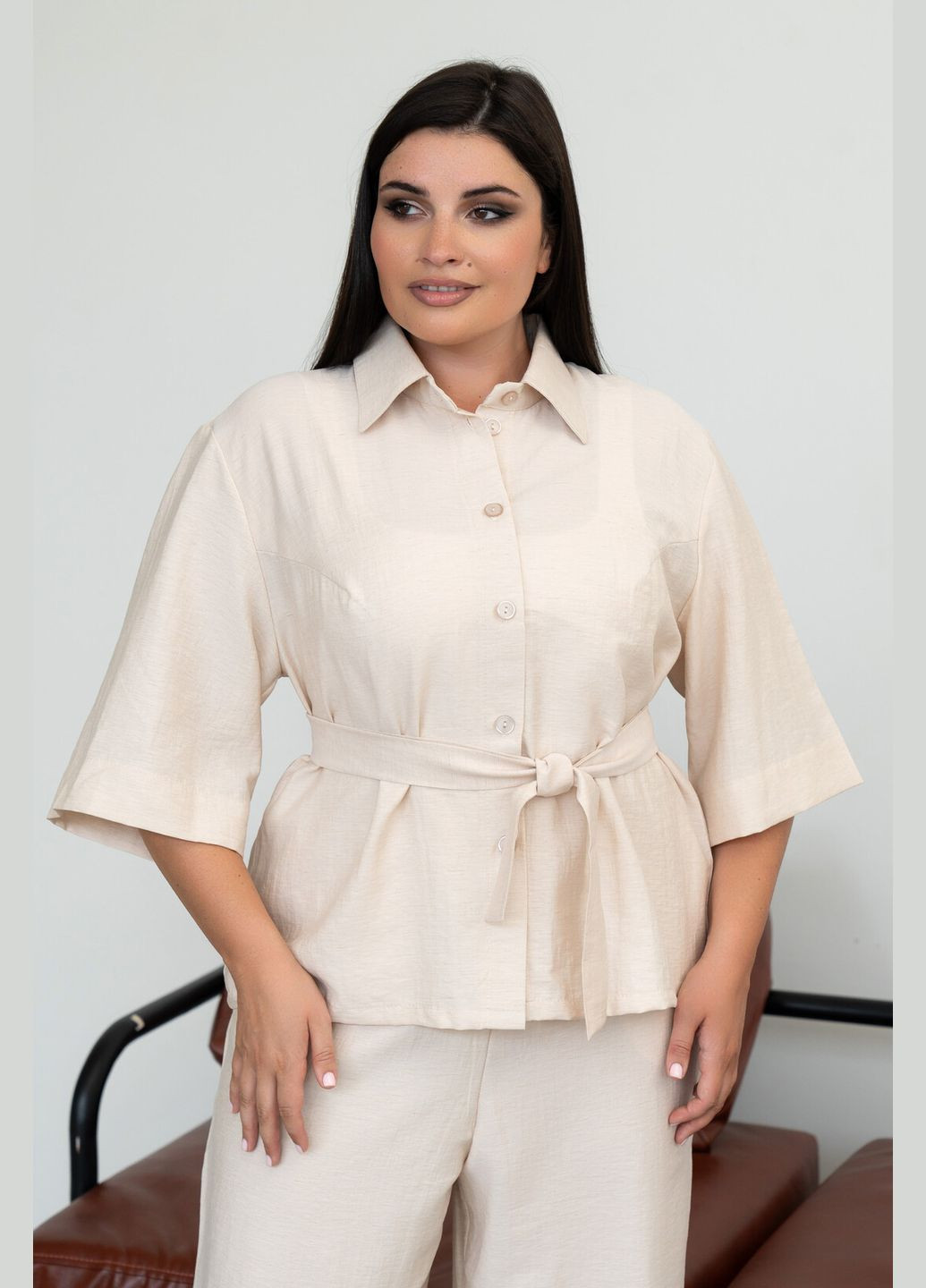Молочна жіноча сорочка з льону та віскози напівприлеглого силуету (со 0524) RiMari