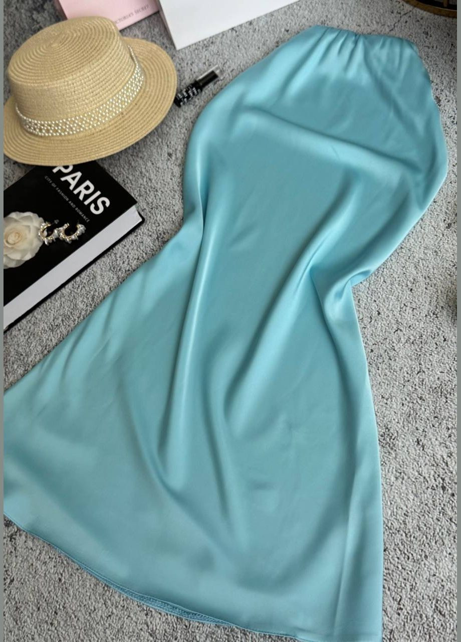 Голубая кэжуал миди женская юбка с шелком. MonCher а-силуэта (трапеция)