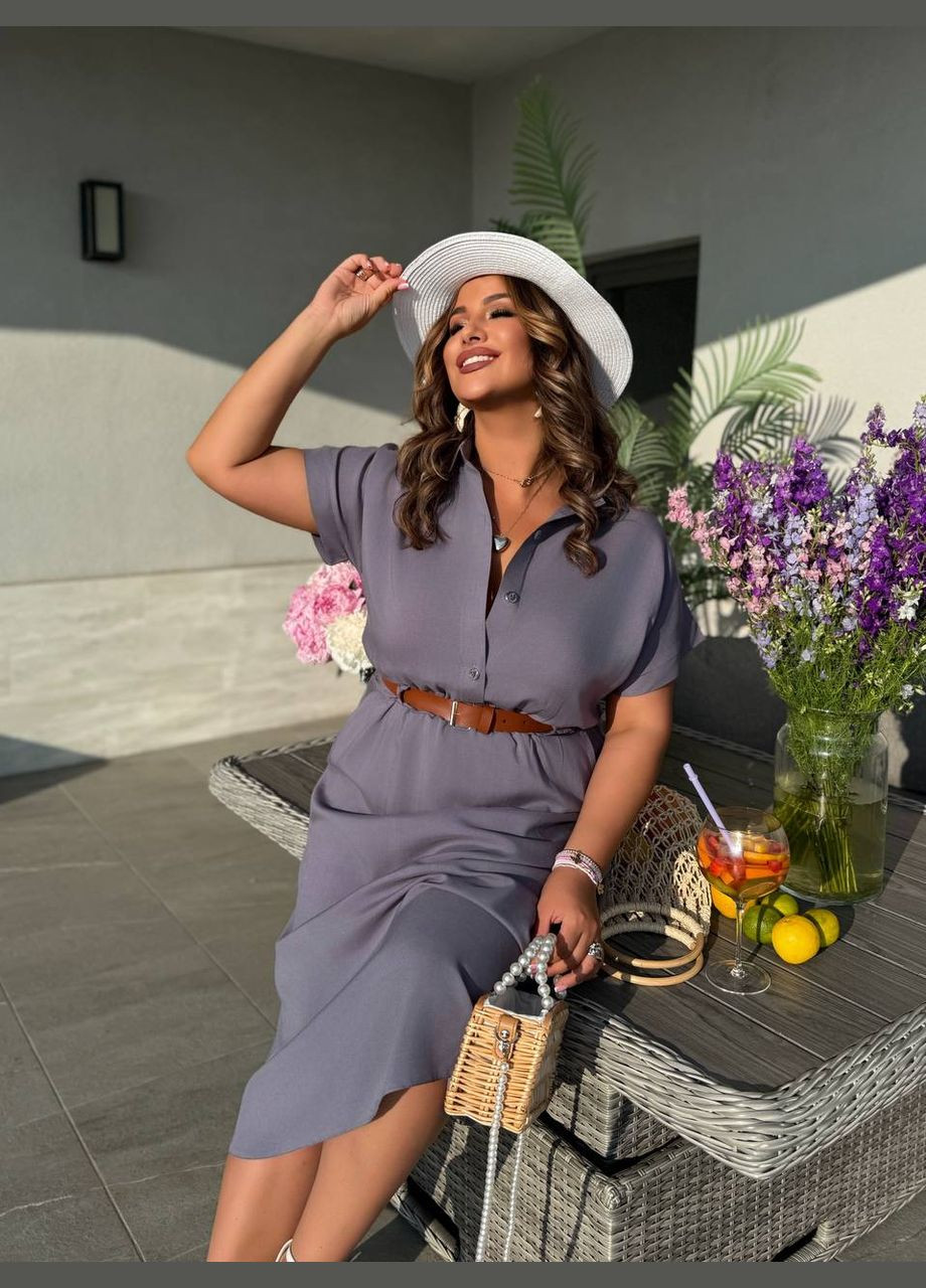 Сіра повсякденний жіноча сукня-сорочка довжини міді з поясом сукня-сорочка MonCher