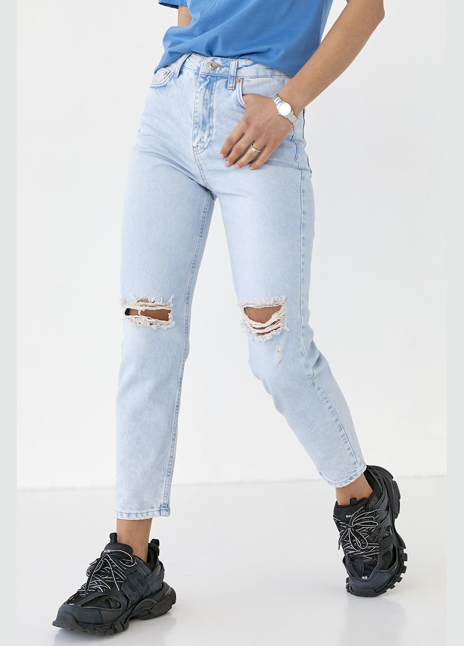 Женские джинсы рваные на коленях - голубой Lurex - (282953879)