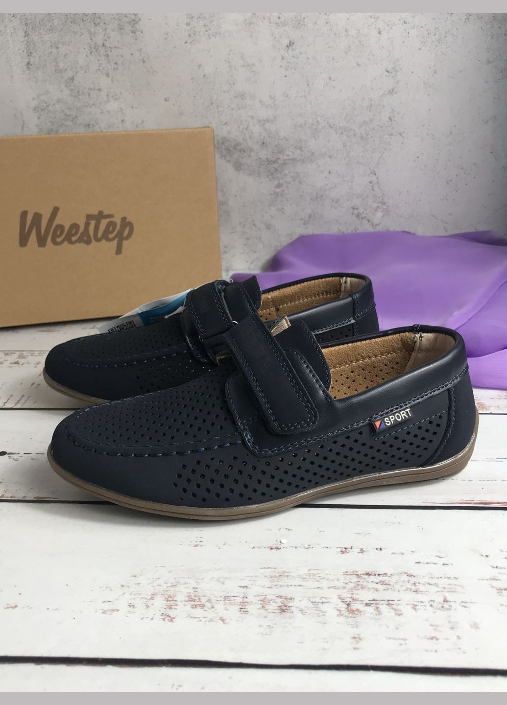 Темно-синие туфли детские замшевые для мальчиков темно-синий (665) на липучке Weestep