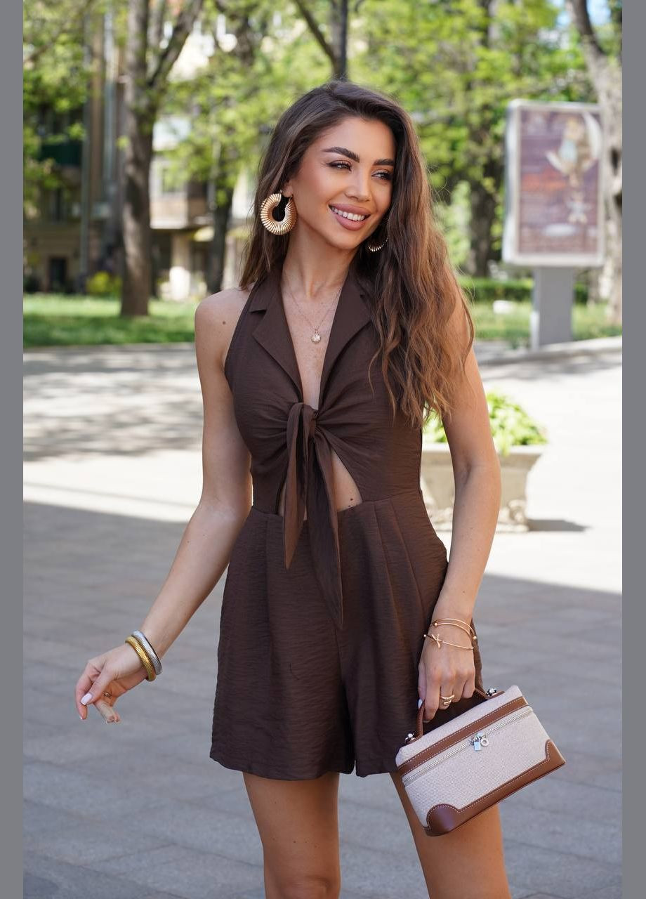 Жіночий комбінезон Україна комбінезон-шорти коричневий коктейльний, діловий, повсякденний, кежуал, вечірній льон