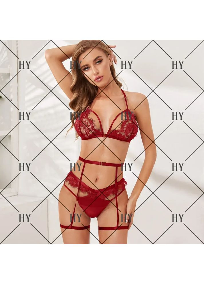 Бордовий демісезонний мереживний комплект спідньої білизни з поясом із підв'язками для панчіх. жіноча спідня білизна прозора для інтиму, s China