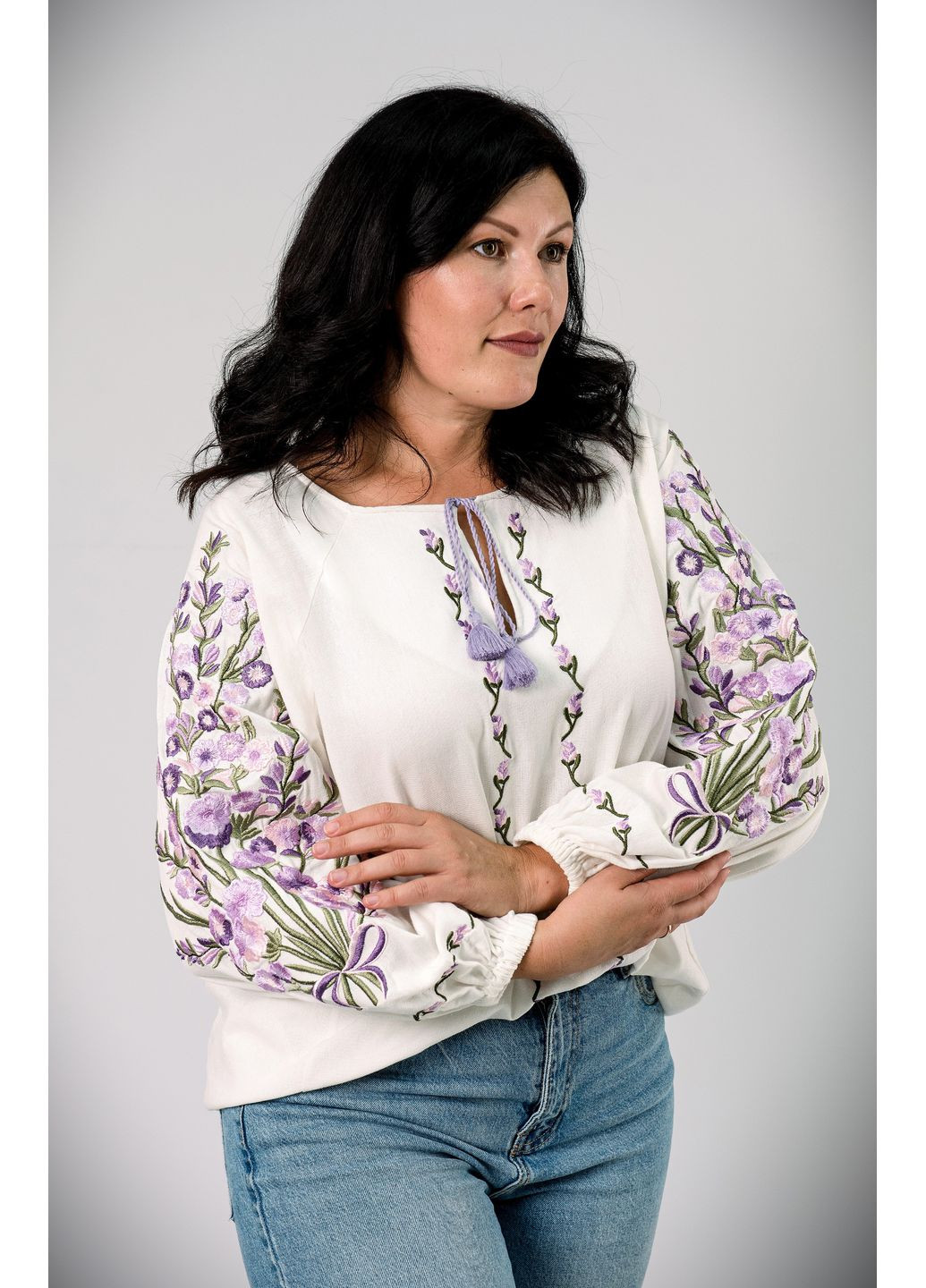 Молочная женская льняная вышиванка этно блуза с вышивкой узор цветочный приталенная, свободная, прямой лен (322503779)