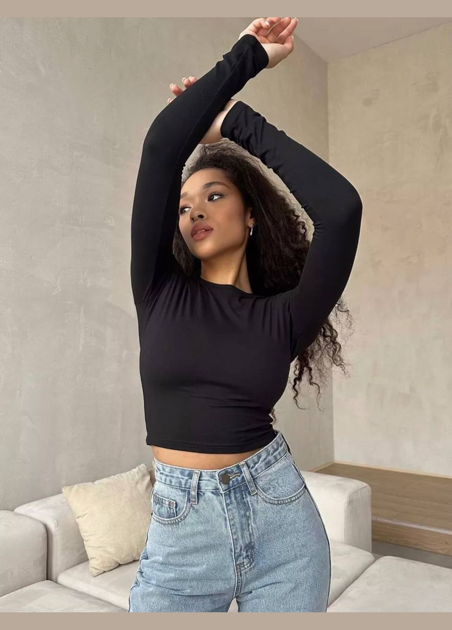 Чорний базовий кроп-топ в універсальному розмірі 42-46, красивий однотонний топік No Brand 1508 (311463073)