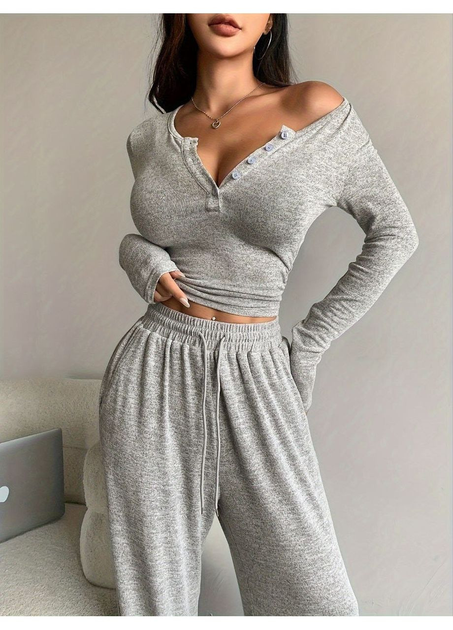 Серая всесезон женская пижама home топ и брюки, пижамный комплект 2в1, стильная пижама топ с длинным рукавом и брюками топ + брюки No Brand Піжама