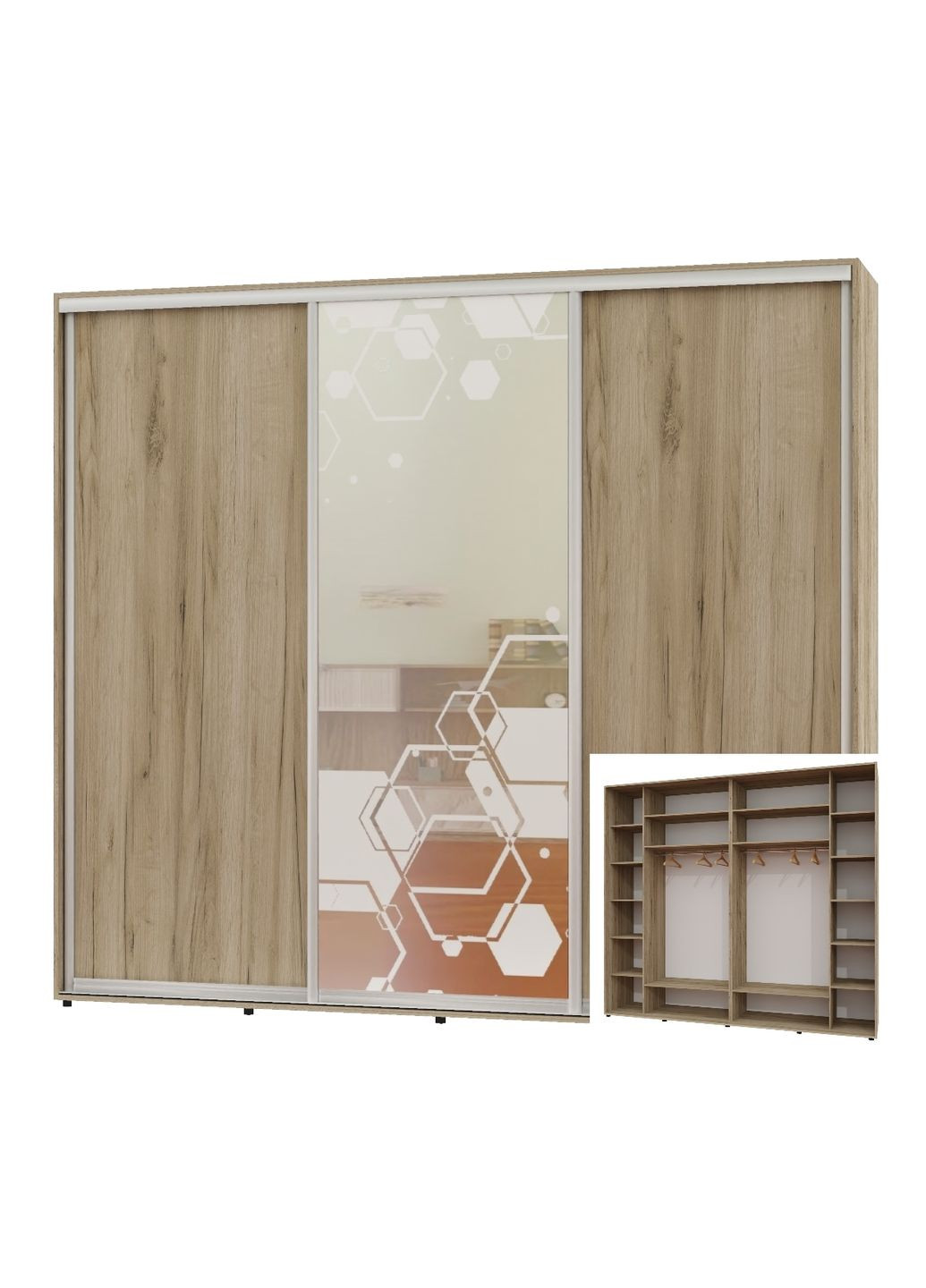 Шкаф-купе трехдверный 300*60*250 Дуб крафт серый 2 ДСП/Зеркало с пескоструйным рисунком Люкс-149 Алекса (360457262)