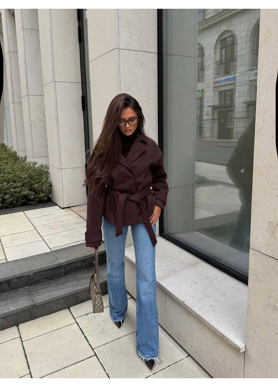 Коричневе демісезонне Кашемірове пальто-жакет з поясом MonCher