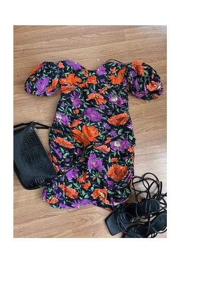 Комбинированное платье мини с открытыми плечами и цветочным принтом, xs Zara с цветочным принтом