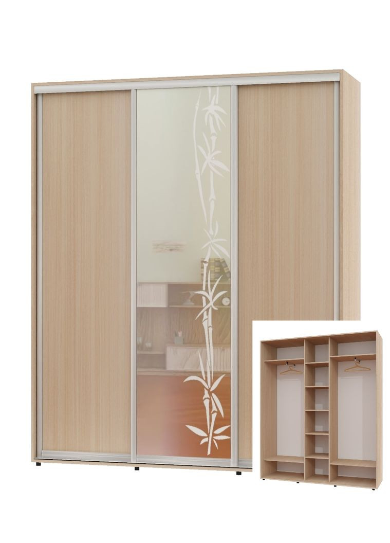Шафа-купе тридверна 220*45*230 Дуб молочний 2 ДСП/Дзеркало з піскострумним малюнком ШК-04 Алекса (360477668)