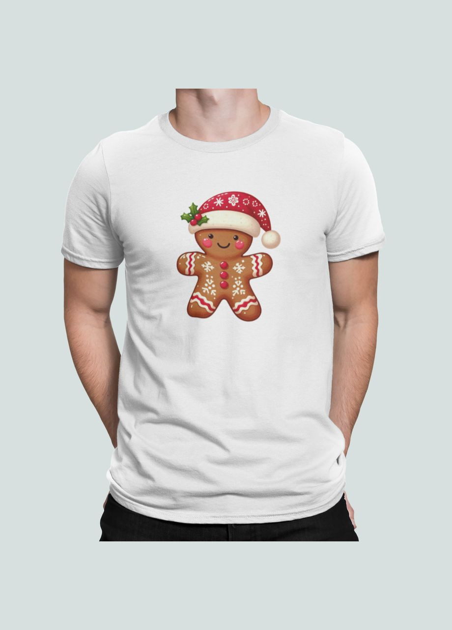 Белая мужская новогодняя футболка с принтом новогодний пряник человечек Stedman