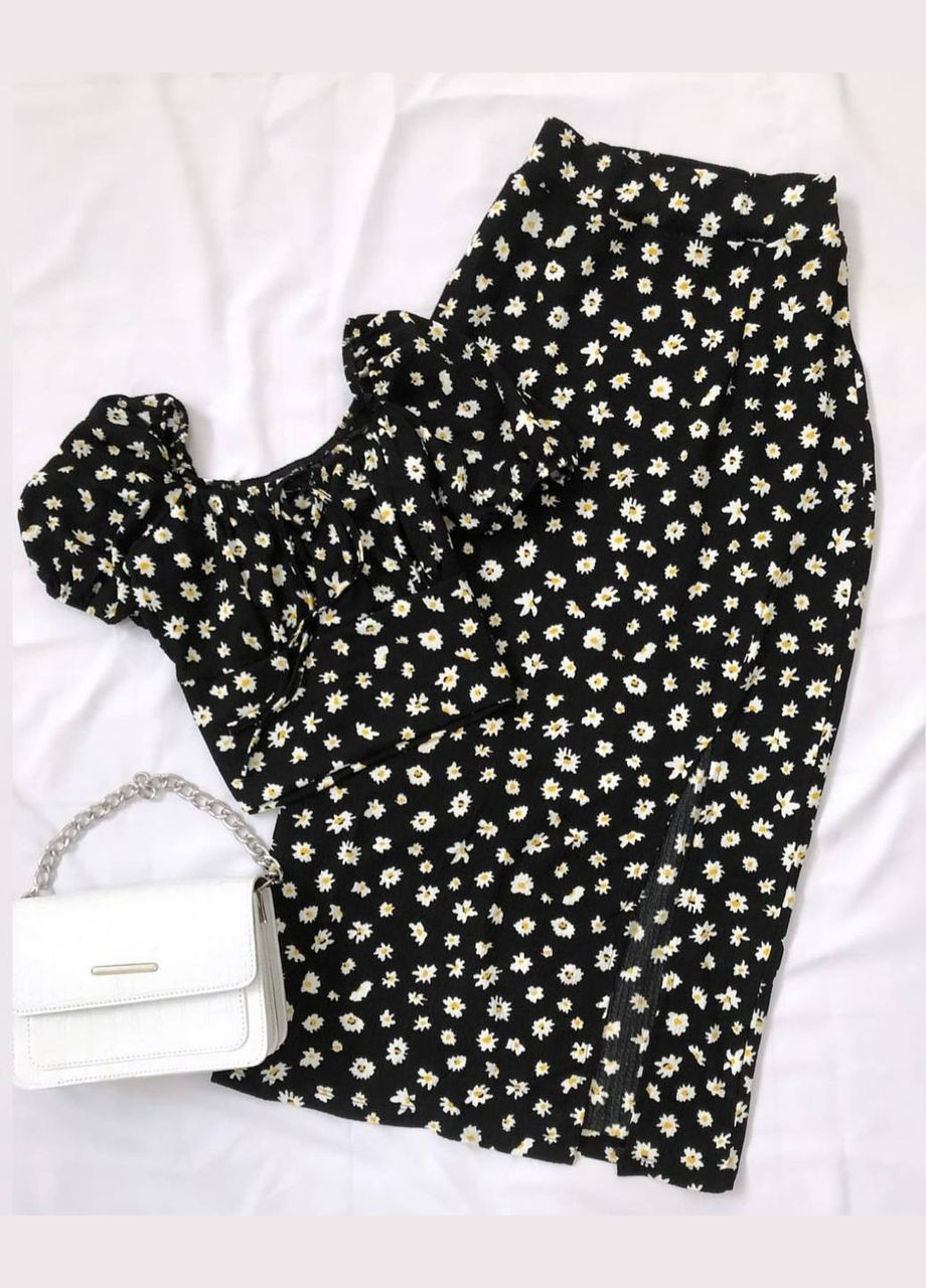 женский черный: топ и юбка 🤩 летний легкий стильный в цветочном принте No Brand костюм (291418246)