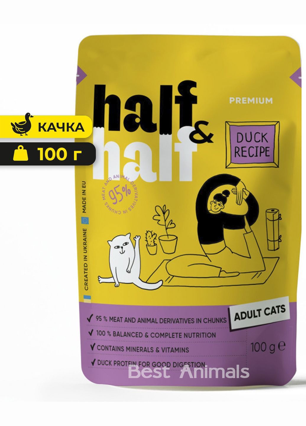 Вологий корм для котів з качкою шматочки у соусі пауч 100 г 1 шт (4820261920918) Half&Half (362701843)