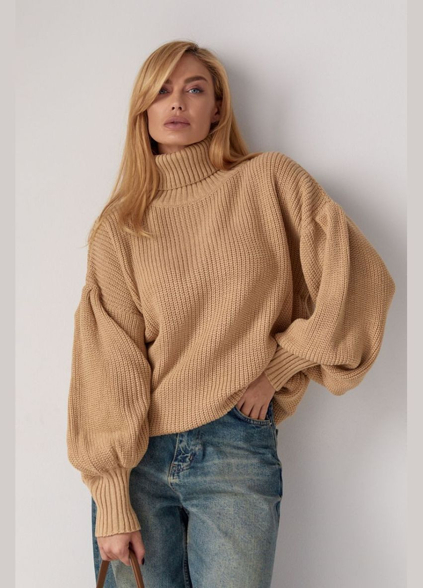 Світло-коричневий зимовий жіночий трикотажний светр з рукавами-ліхтариками 221047 Lurex