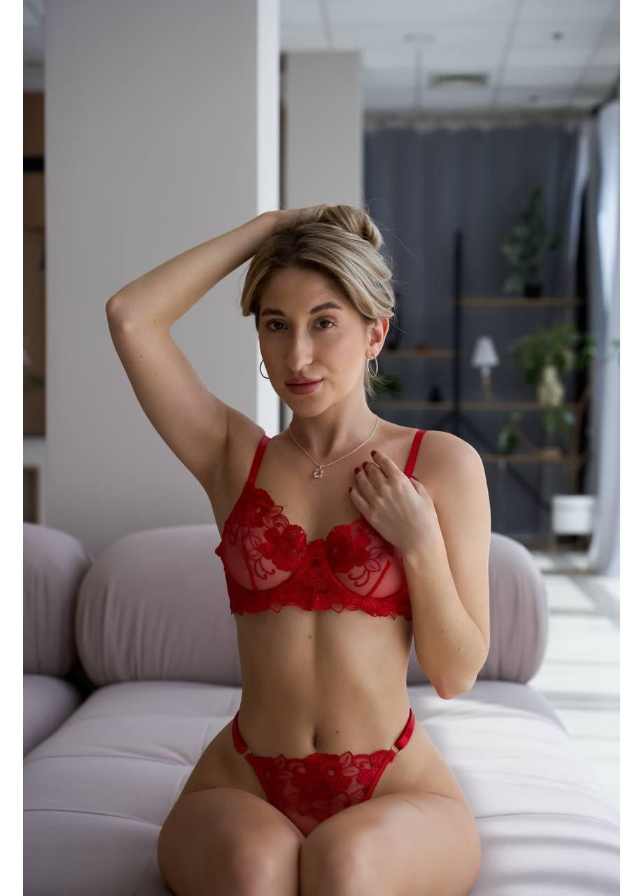 Красный демисезонный кружевной комплект белья / комплект бра и трусиков красный / эротический комплект из кружева No Brand