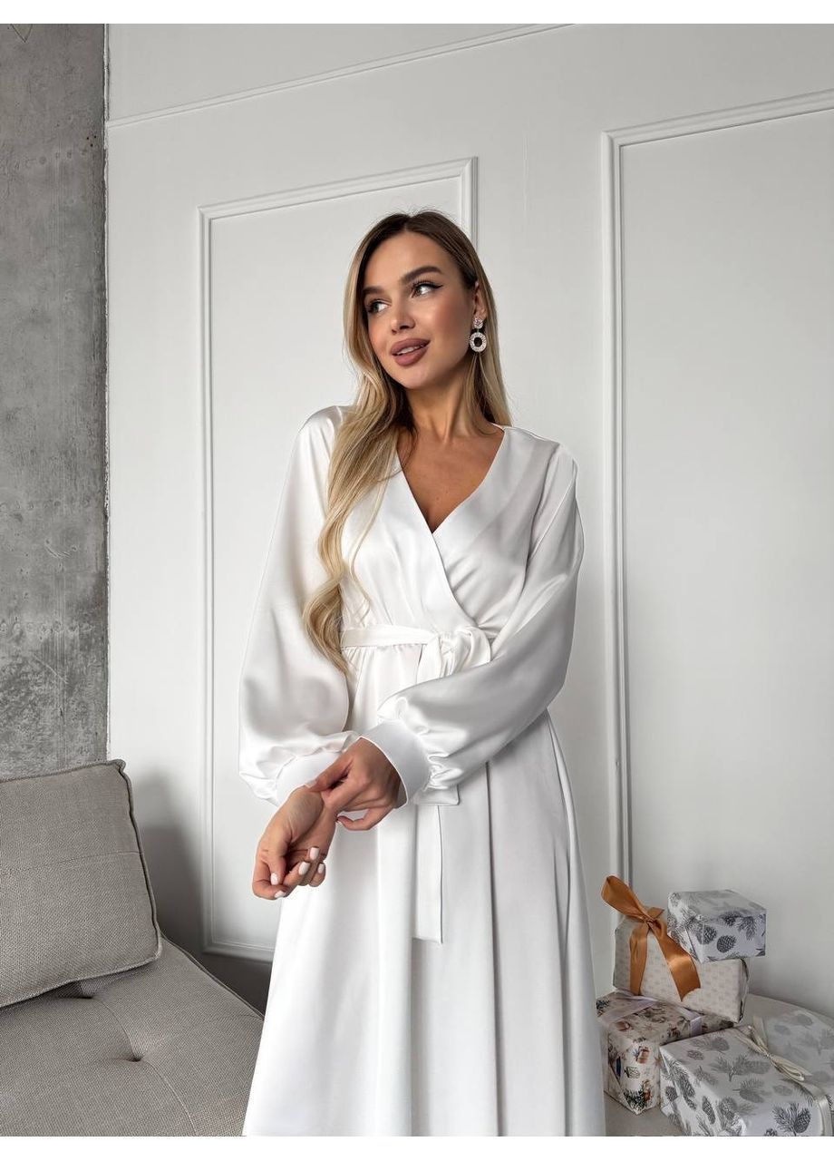 Белое платье 1706 двойной плотный шелк, с поясом и рукавами Україна