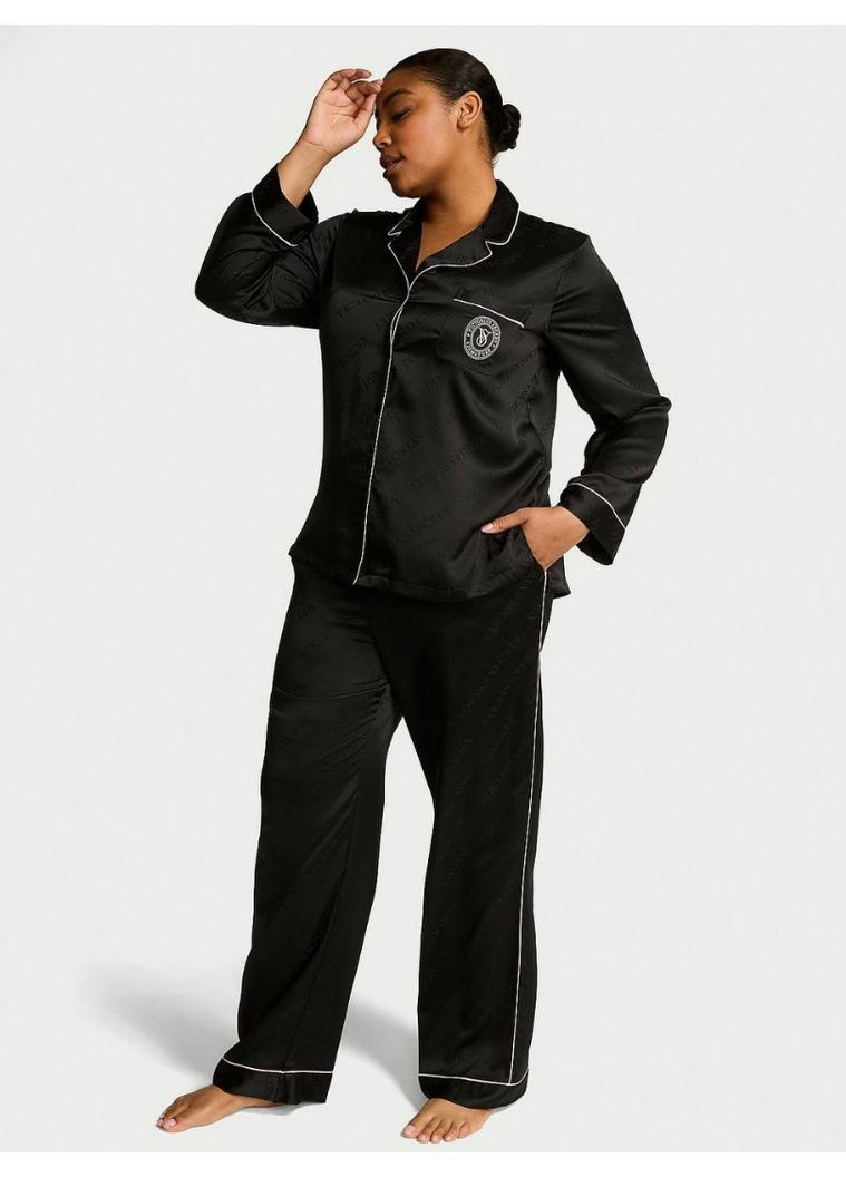 Черная сатиновая пижама satin long pajama set рубашка + брюки Victoria's Secret