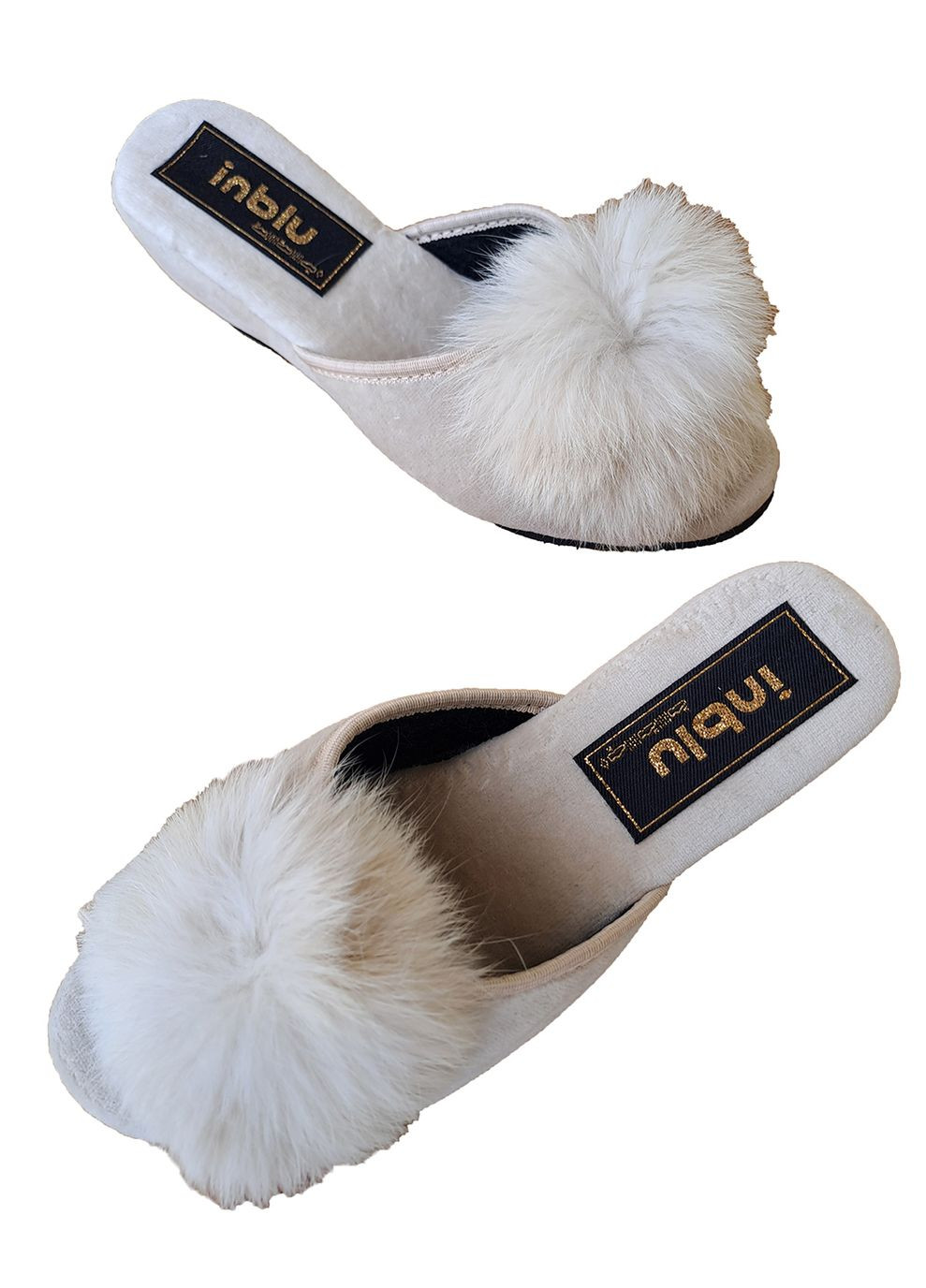 Кремовые тапочки женские с пушком открытые на танкетке Inblu с помпонами