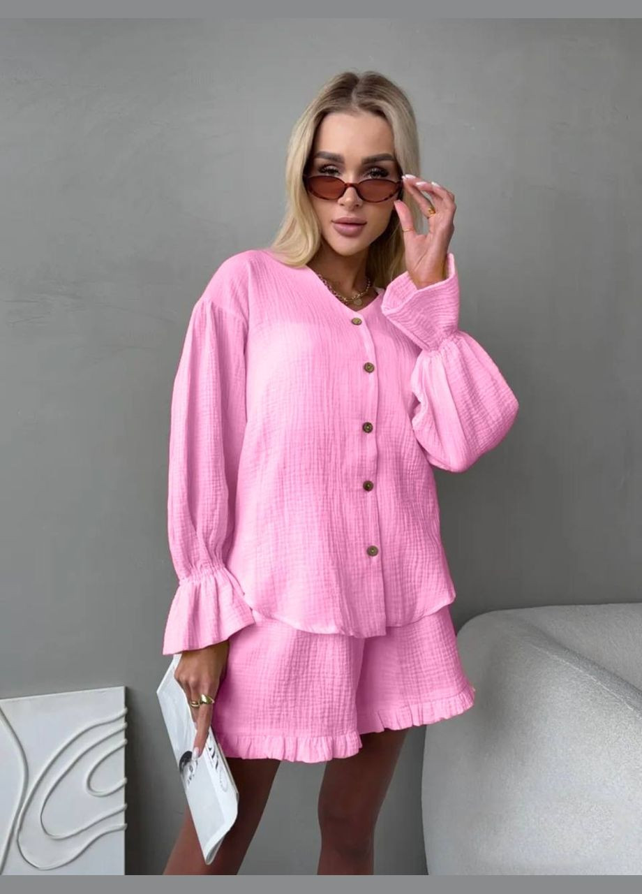 Жіночий літній костюм сорочка вільного крою та шорти з рюшами MonCher (339604644)