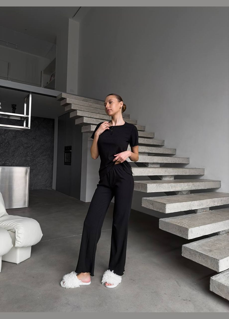 Чорна жіноча піжама в рубчик, піжамний комплект шорти, футболка та штани, чорна піжама для жінок 3в1 No Brand