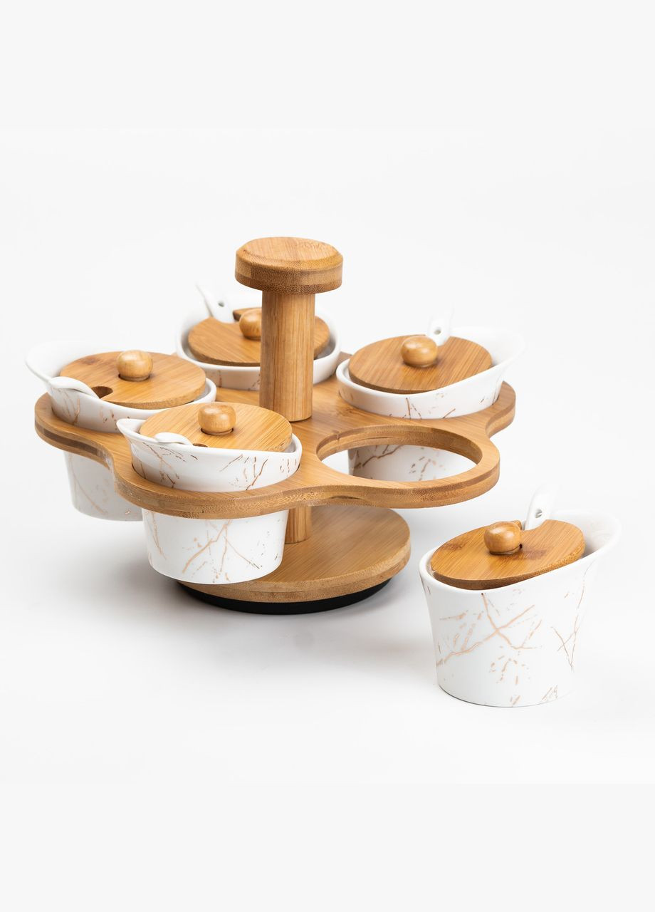 Набор баночек для сыпучих продуктов 5 штук по 120 мл на вращающейся подставке, белый мрамор Yiwu (322421161)