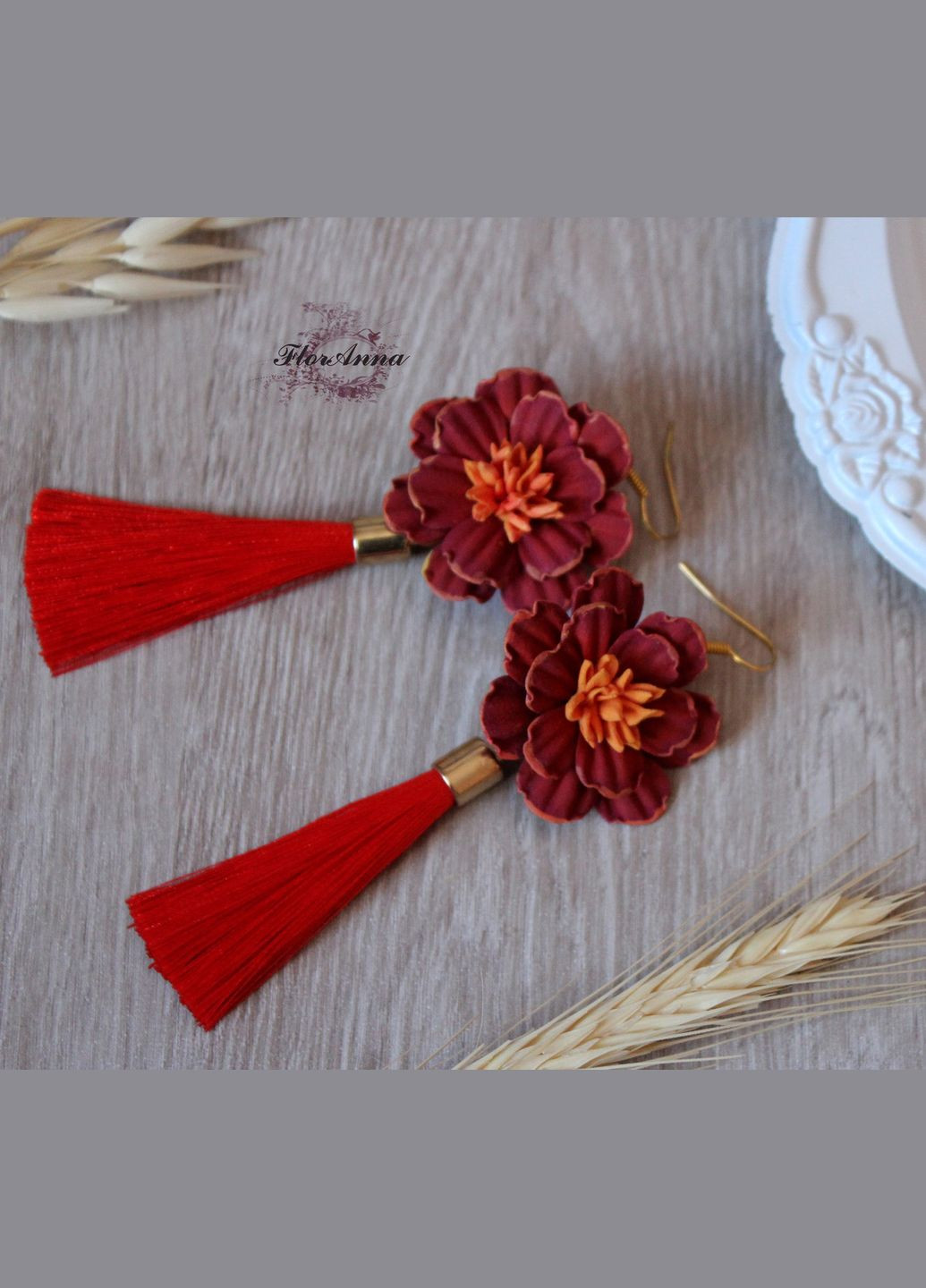 Красные серьги кисточки бордовые бархатцы из полимерной глины Handmade (321971043)